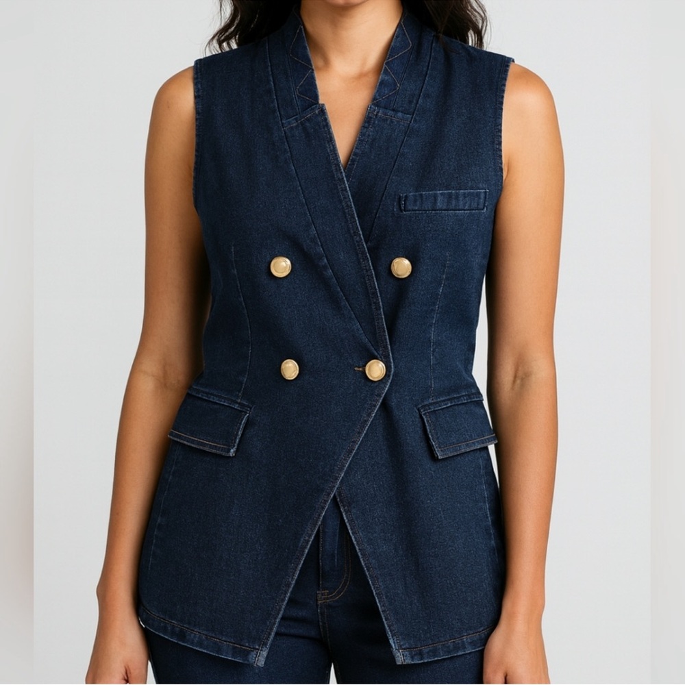 Avec Les Filles Denim Sleeveless Blazer Vest with Gold Buttons Size Small
